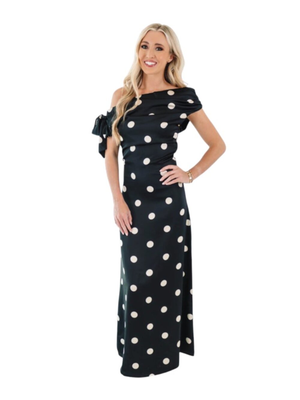 NWT Sofie the Label Spotlight Maxi Dress Womens Medium Black One Shoulder Dots